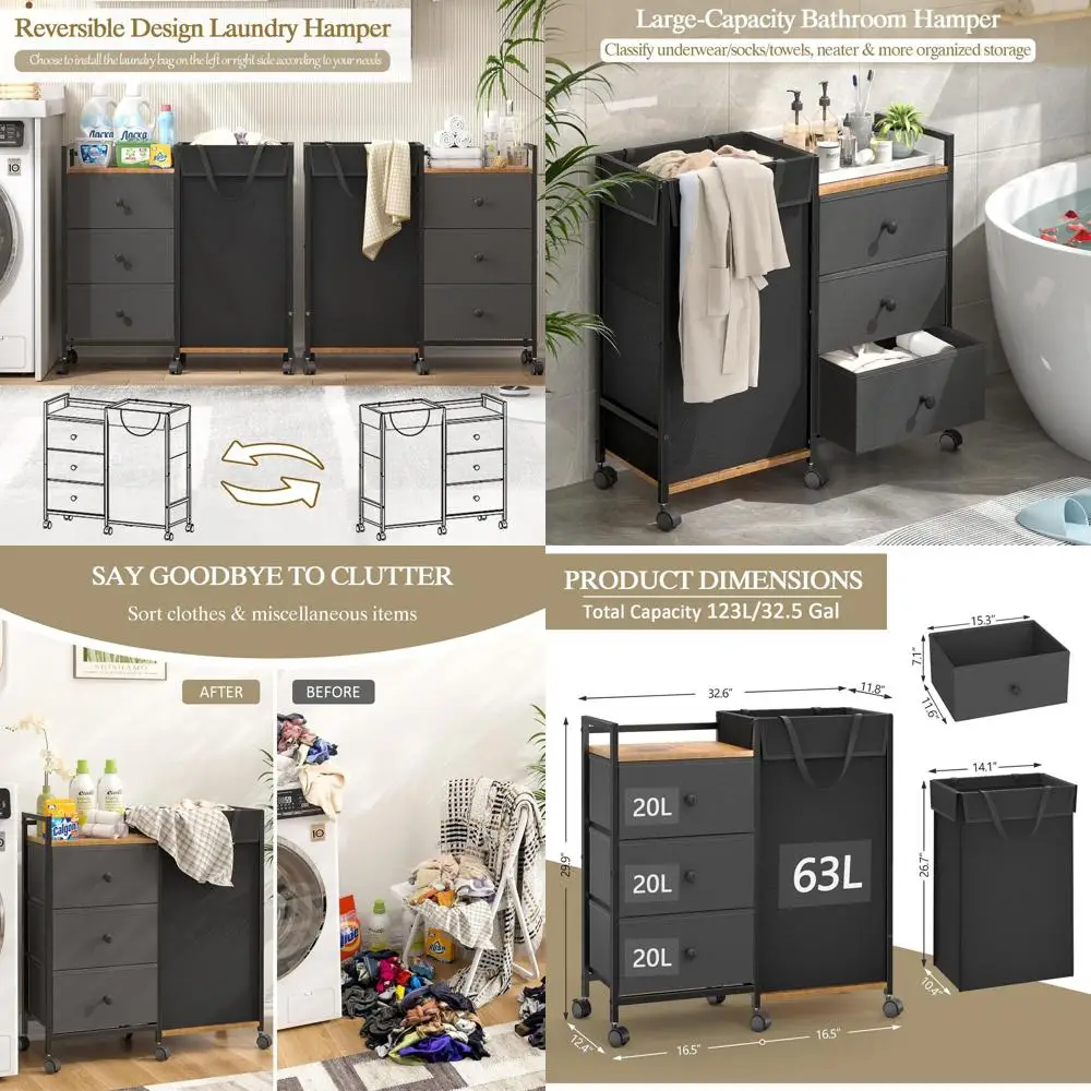 

Корзина для белья на колесах, 3-уровневая, с съемными мешками, объем 123 л, идеально подходит для дома и ванной комнаты