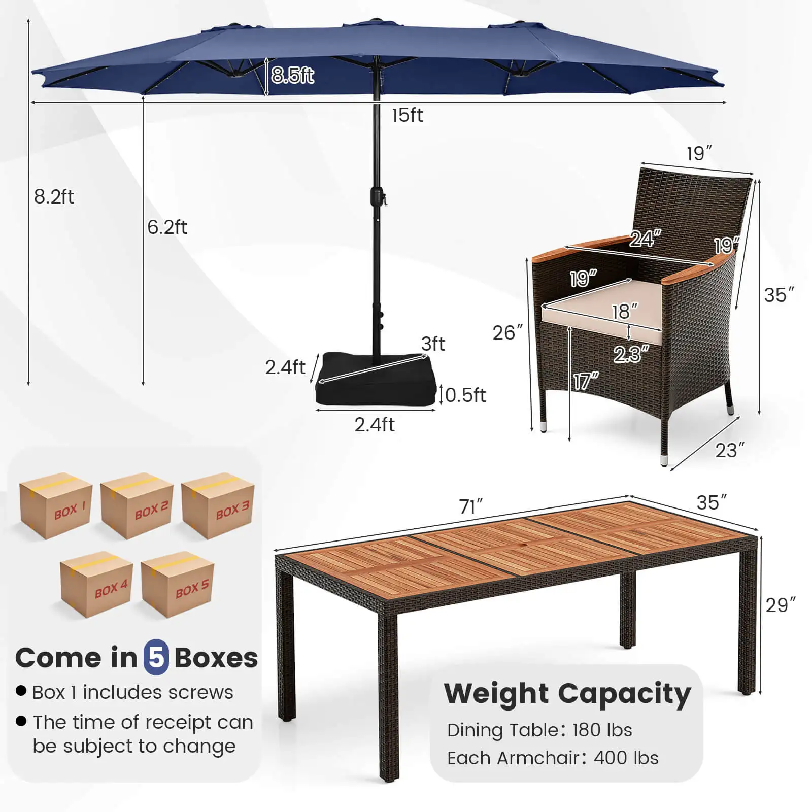 11 PCS Patio Dining Set with 15ft Double-Sided Patio Umbrella (Base Included) Navy