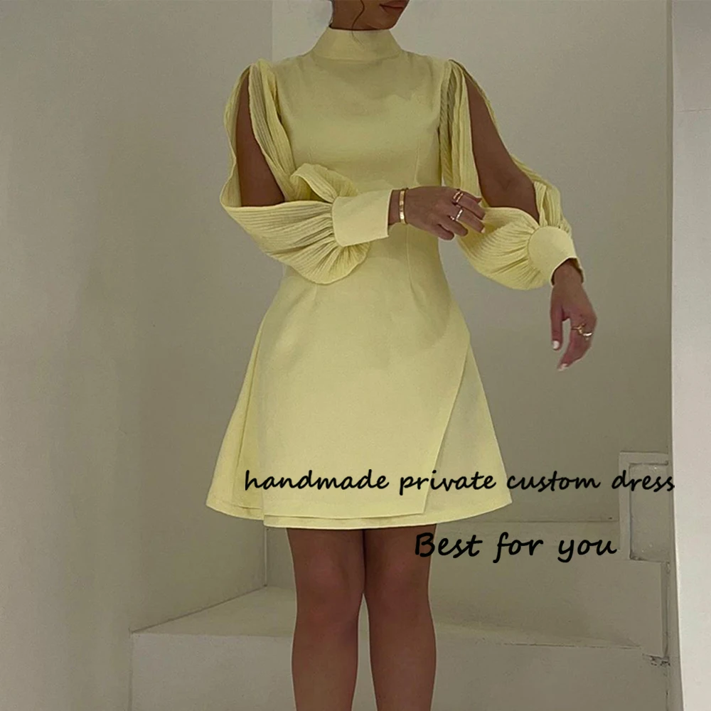 

Yellow Short Prom Dresses Long Sleeve High Neck Evening Party Dress Arabian Dubai Formal Occasion Gowns Spandex Satin