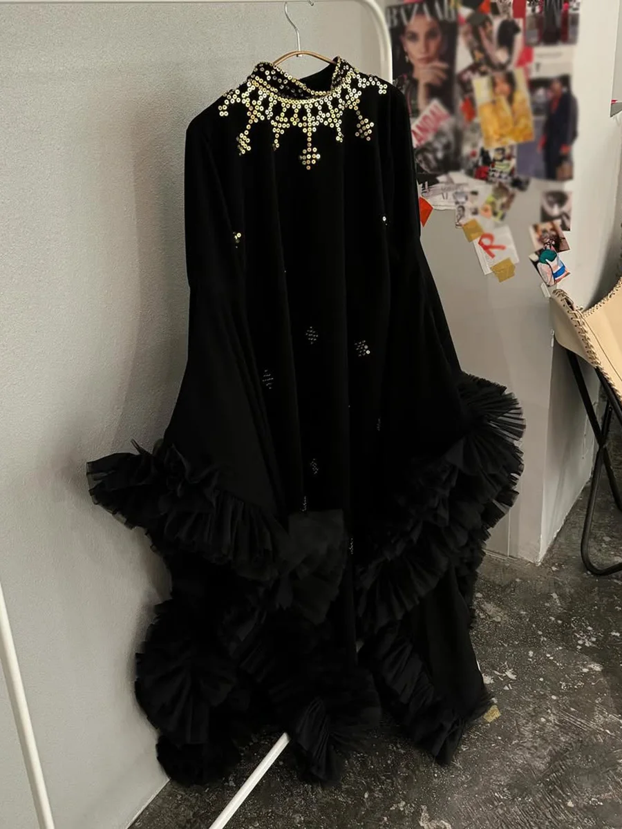 Vgh lantejoulas emendadas chique vestidos longos de noite para mulheres gola manga alargamento retalhos em camadas malha cerimônia vestido feminino