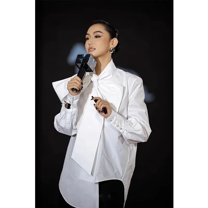 

SuperAen Unique Design Stand Collar White Bow Shirt for Women Summer New Fashion Korean Style Loose Casual Shirts