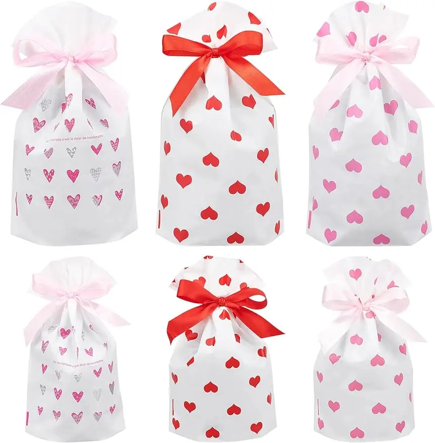 

54Pcs Small Drawstring Candy Gift Bags with Heart Pattern Plastic Party Favour Bags with Ribbon for Wedding and Valentine's Day