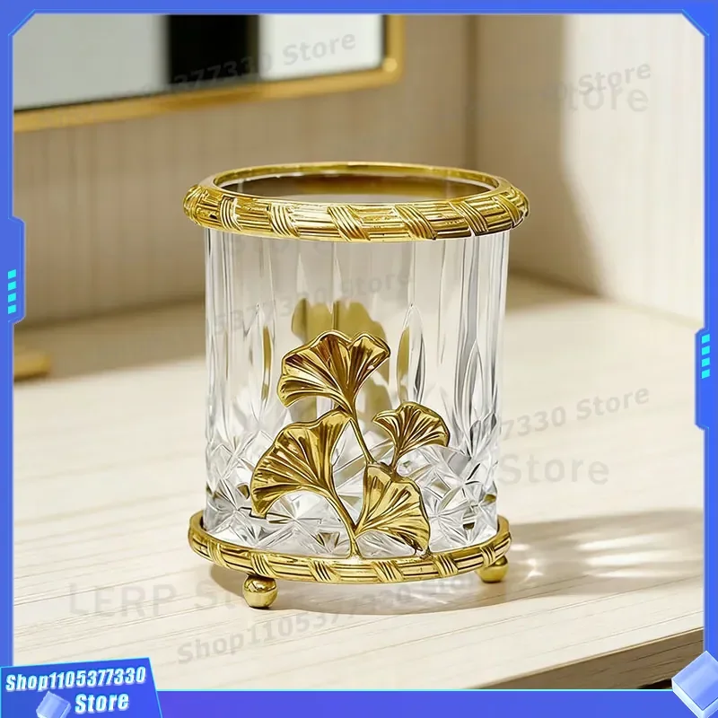 Luxury Crystal Glass Pen Holder Thickened Brass Ginkgo Biloba Design Bathroom Makeup Brush Storage Cup Office Desktop