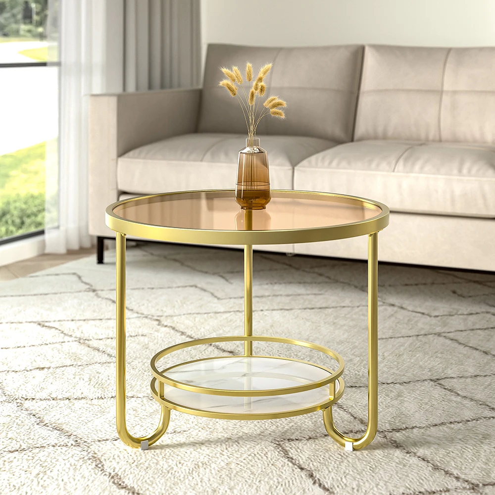 Gold 2 Tier Round Glass and Slate Coffee Table