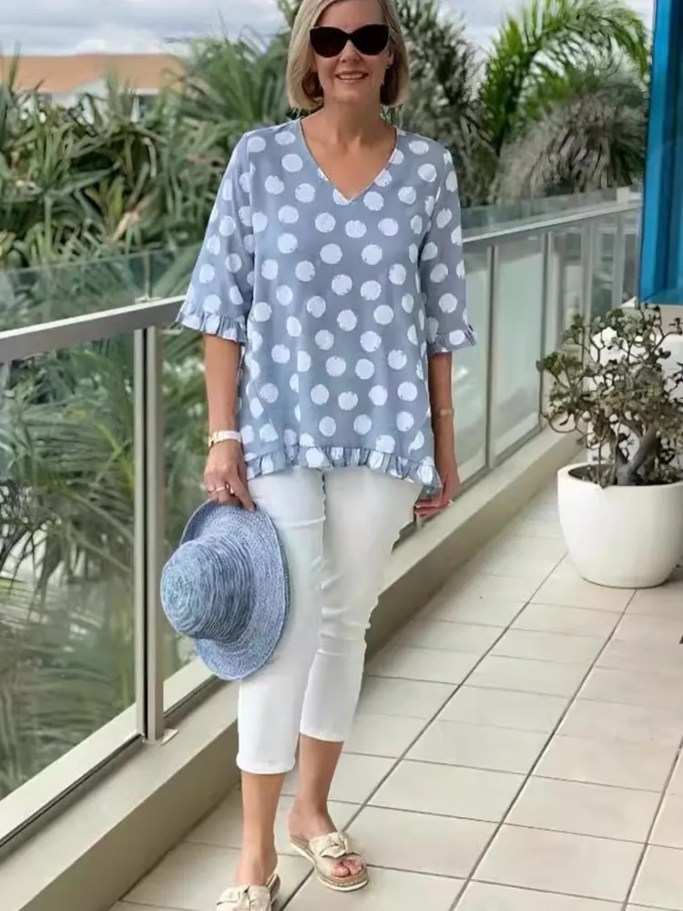 

Fashion Polka Dot Print T Shirt Top For Women Casual V Neck Ruffles Loose Tshirts Tops Lady Summer Holiday Womens Clothing New