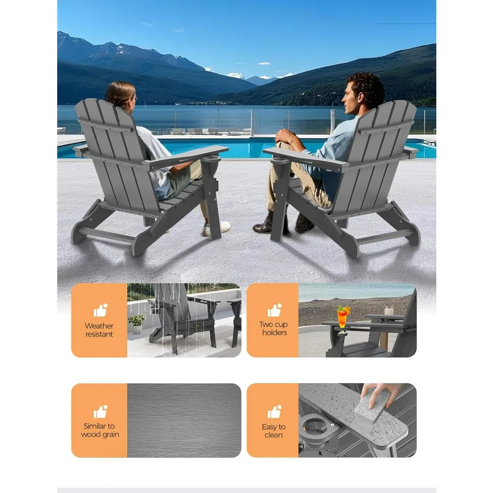 Cadeira dobrável Adirondack, cadeiras Adirondack de plástico texturizado de madeira com 2 suporte para copos, cadeira para fogueira HDPE resistente às intempéries,