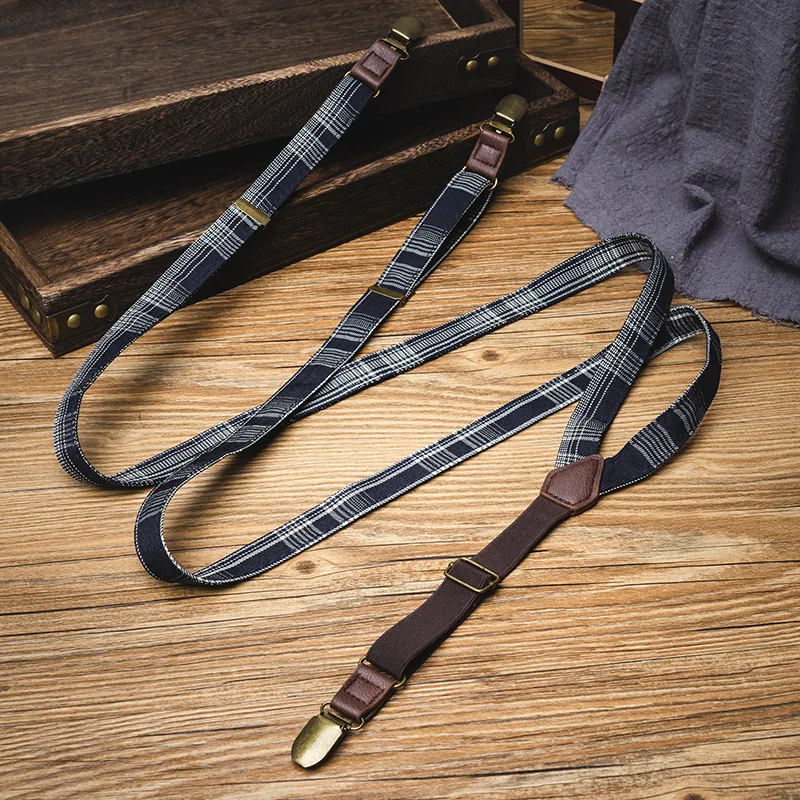 Nostalgic retro plaid casual suspenders clip strong three-clip universal Y-shaped adult men and women pants suspenders shoulder