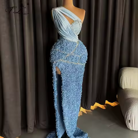 Evening gown with rhinestone off-shoulder pleated hollow high slit mermaid dress with petal dress blue women's cocktail dress