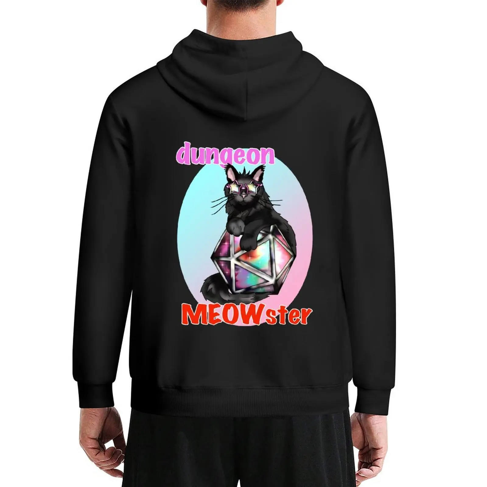

Black cool cat dungeon meowster with D20 dnd dice Hoodie men's sweat-shirt autumn new products autumn hooded shirt anime hoodie