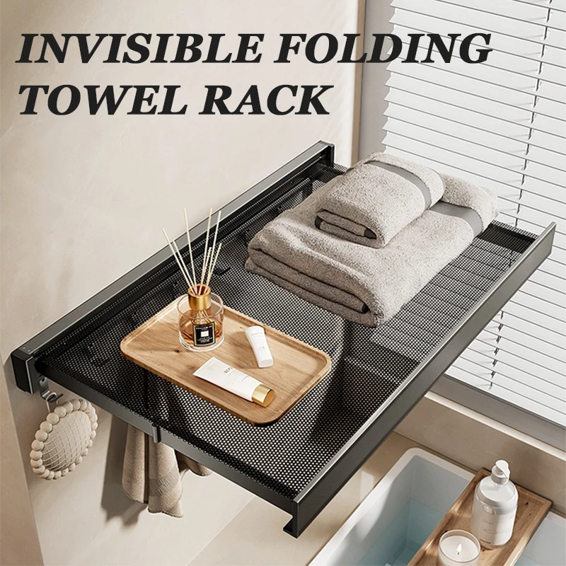 

Bathroom towel rack invisible folding rack wall-mounted foldable drying rack hook no assembly required Space-saving Solution