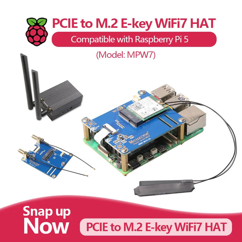 (Model:MPW7) PCIe to WiFi7 Expansion Board for Raspberry Pi 5, support BE200,WiF6E AX210,AX200, compatible with AI Google TPU