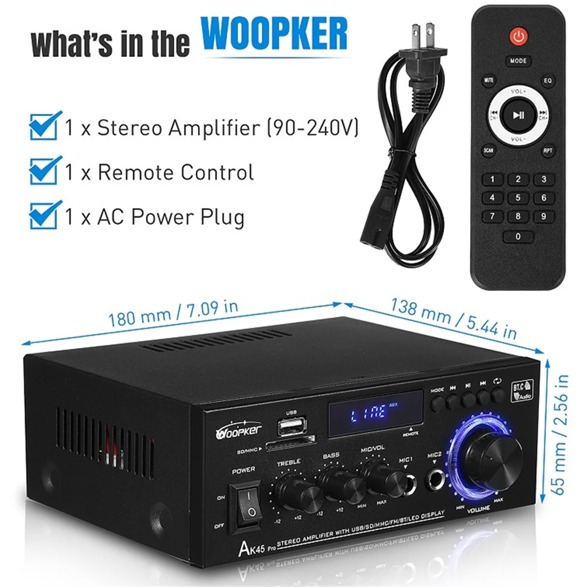 Amplificador de Audio A003 Ak45 Pro, altavoz de graves Bluetooth, compatible con salida máxima de 820W, entrada de 90-240V, 50W + 50W, actualización remota, enchufe europeo