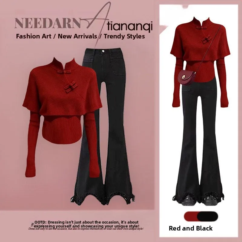 

Ele Spring Set Women's New Chinese Red National Sle Knitted Sweater with awl Micro Flared Jeans Tee Piece Set