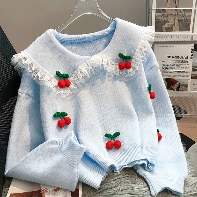 Vintage Women Autumn Winter Strawberry Pattern Embroidery Sweaters Casual Baggy Long Sleeve Pullover Oversize