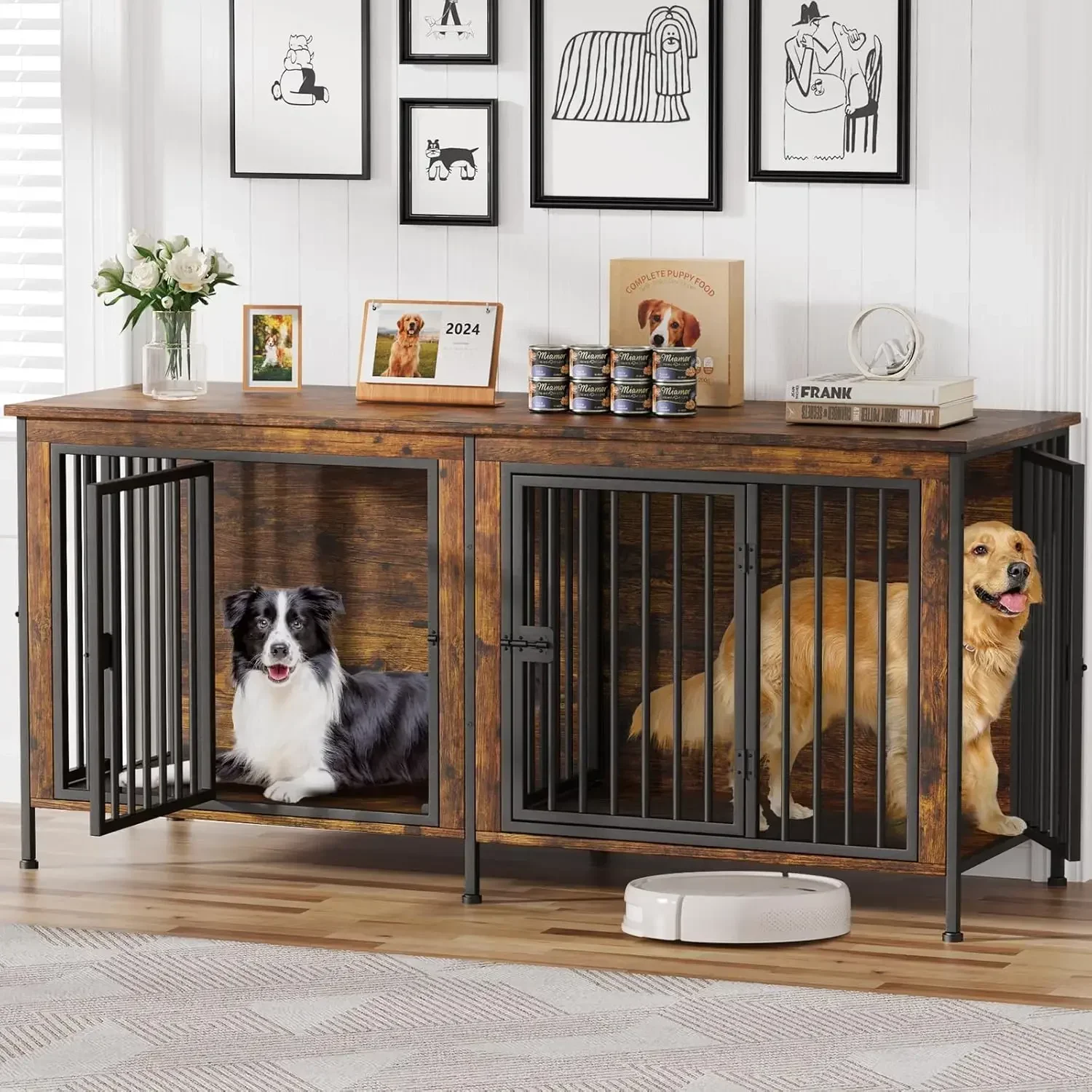 

78 Inch Dog Cage Furniture for 2 Dogs, Extra Large Double Dog Crate Furniture Large Breed,Furniture TV Stand, Divider