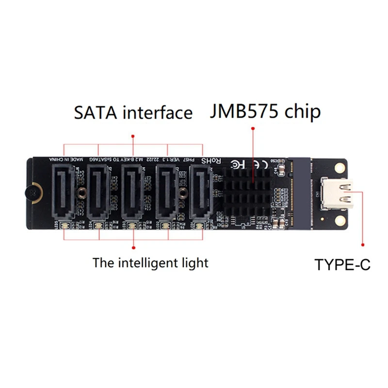 TYPE-C à SATA3.0 5 Ports Adaptateur Convertisseur Carte 6Gbps USB10G JM575 + JMS580 Pour SATA SSD HDD 6,000