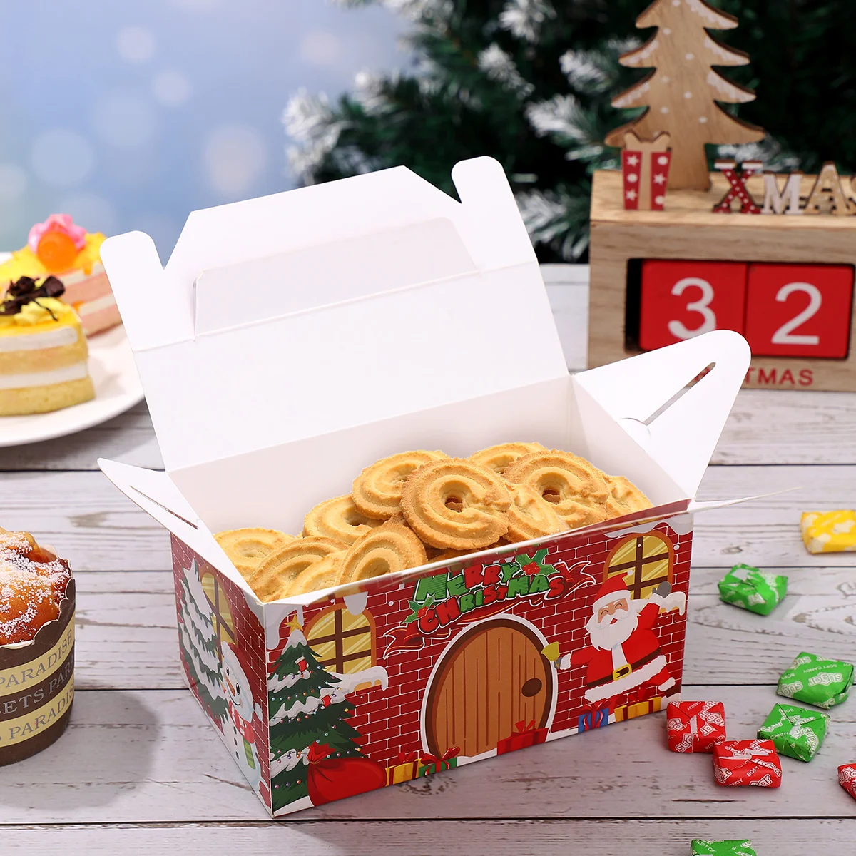 10PCS Premium Material Paper Cookie Boxes Christmas Theme Cupcake Biscuit Treat Party Favor Dessert Storage for Holiday