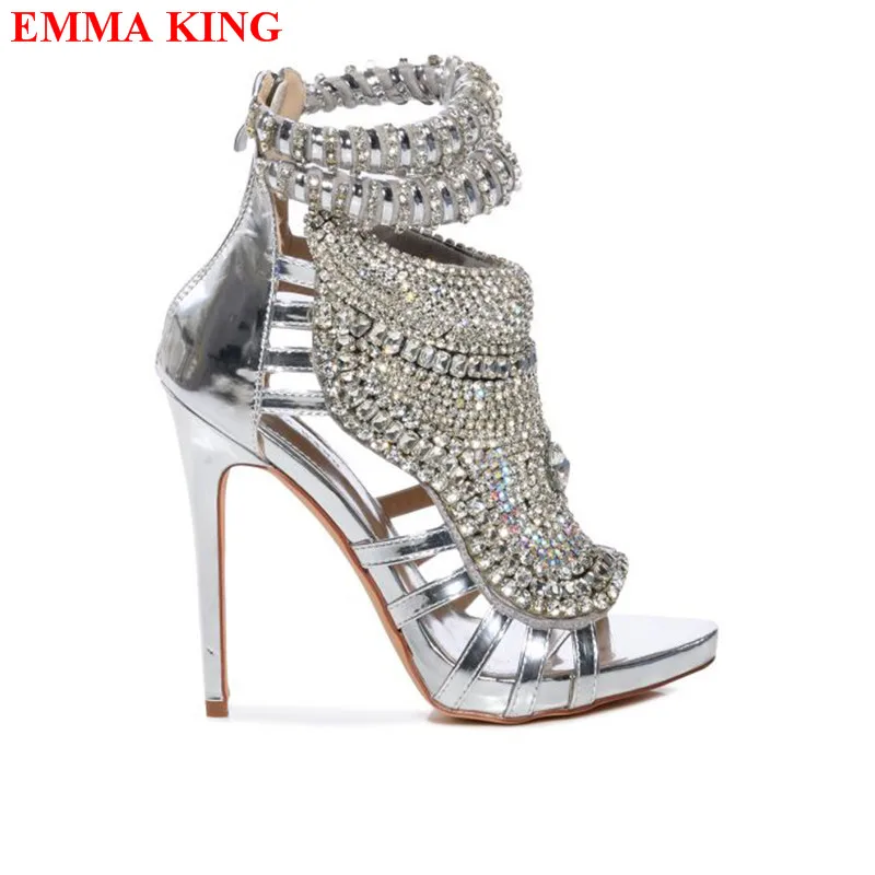 

2023 Women Summer Rhinestone Gladiator Sandals Luxury Brand Designer Crystal High Heels Shoes Ladies Ankle Strap Sandals Women