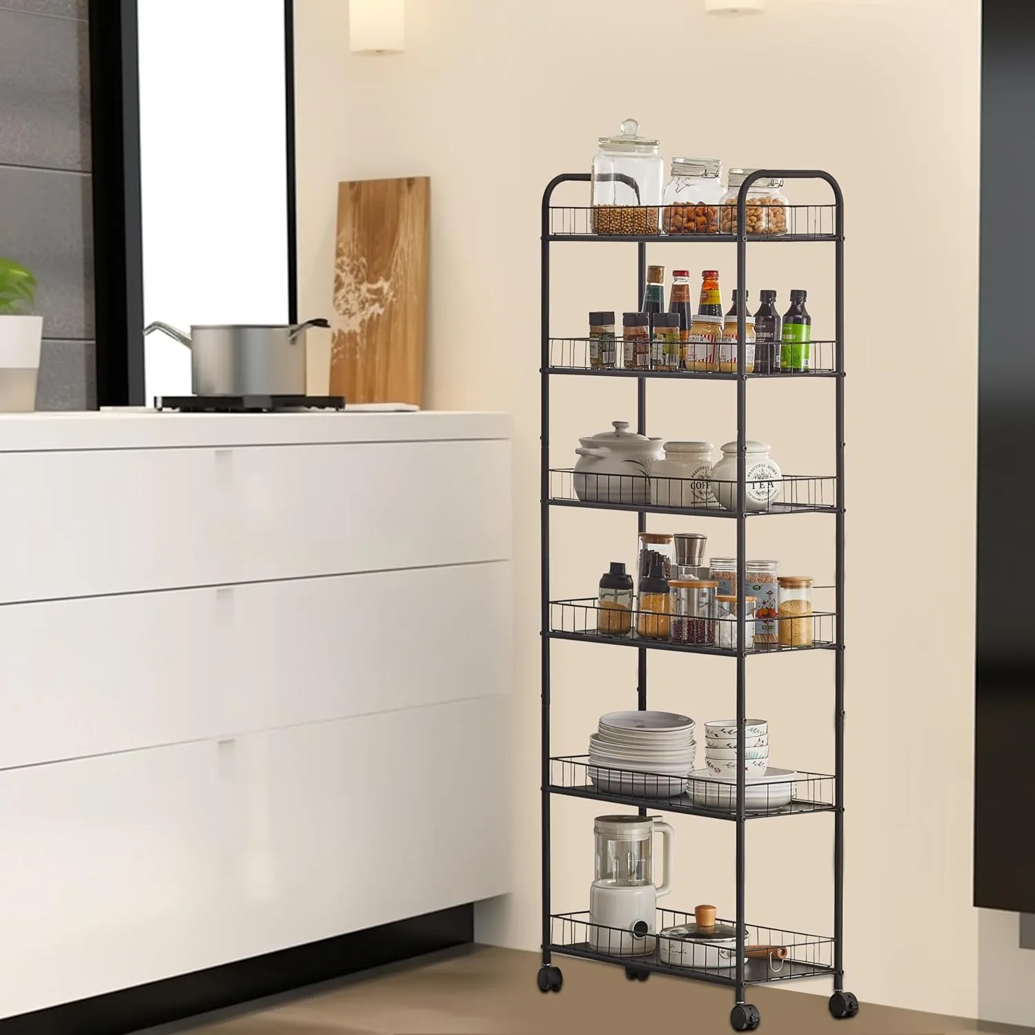 

JOIN IRON 6-Tier Slim Rolling Cart,Narrow Shelving,Kitchens, Bathroom, Garages, Laundry Rooms, Offices,10" D x 22.8" W x 61" H