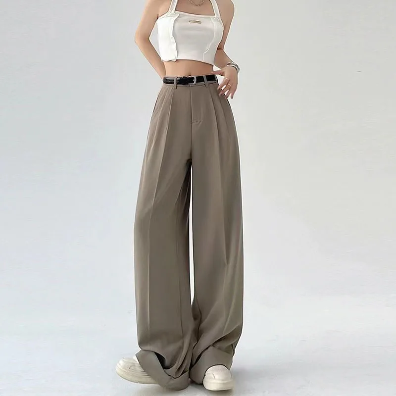 High Waist Belt Wide Leg Suit Pants Y2K Fashion Baggy Korean All-Match Trousers Solid Elegant Office Ladies Chic Straight Pants