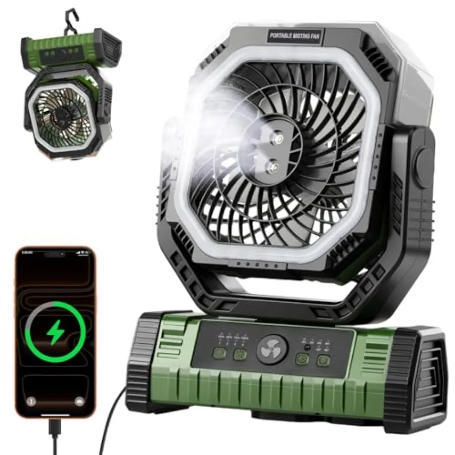 

3-in-1 Camping Fan with Mist and Light 20000mAh Battery Powered Fan Remote 90° Auto Oscillation Dual-Nozzle Spray Cooler 42H Ru