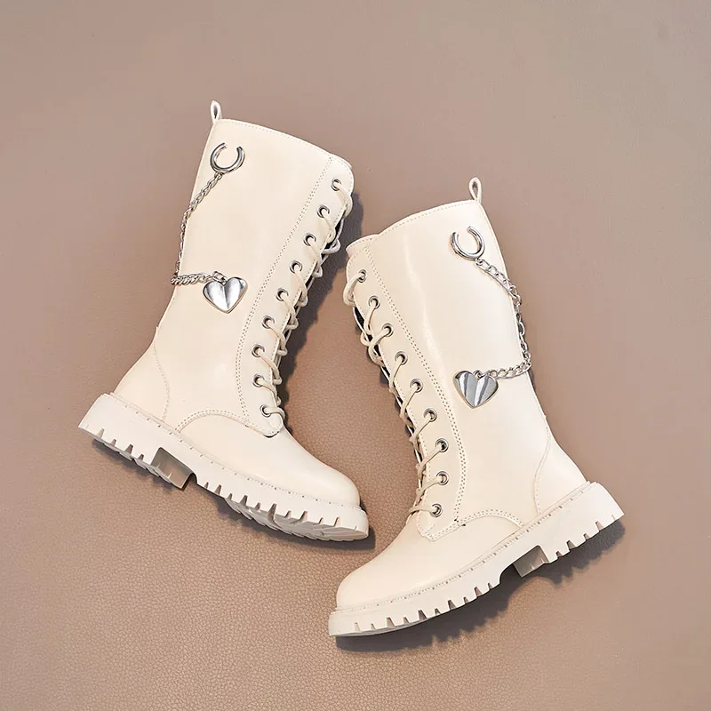 Girls\' Shoes Winter 2024 New Fashion Metal Chain British Style Children\'s Leather Boots Kids Anti-slip Princess Mid Calf Boots