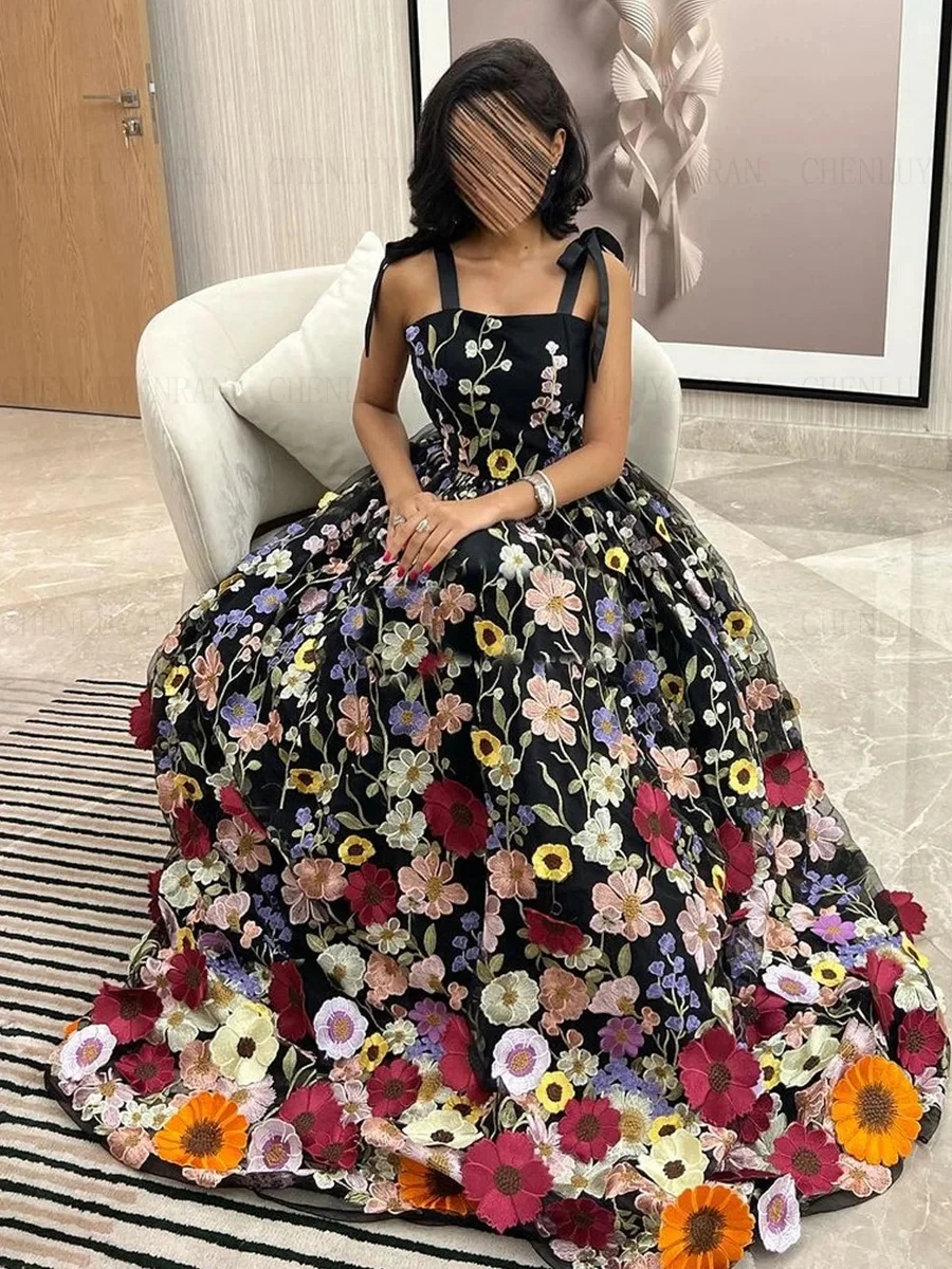 

Romantic Black 3D Flower Formal Occasion Dresses 2024 A-line Square Collar Long Ball Gowns Spaghetti Strap Evening Party Gowns