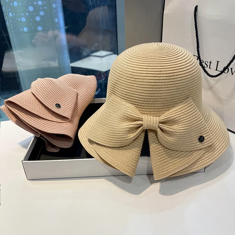 Women Straw Bucket Hat Panama Bow Large Brim Foldable Sun Cap Summer Sunscreen Beach Hats For Outdoor Camping Hiking