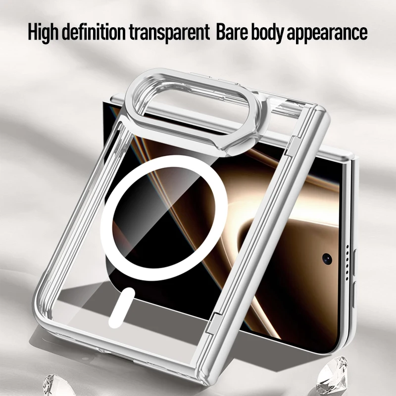For Magsafe iPhone Duo Case Electroplating Transparent Magnetic Wireless Charging Hinge With Tempered Film Lens Holder Cover