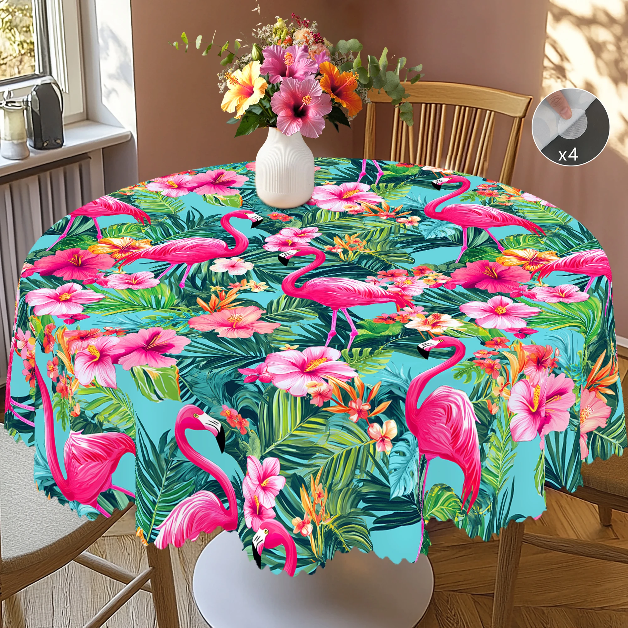 1 pieza de mantel estampado con tema de flamenco brillante en verano, flamenco rosa, flores tropicales, diseño de patrón de hojas, adecuado para picnic, fiesta de cumpleaños en el jardín, accesorios de cocina, terraza de restaurante, mantel de interior y exterior, regalo perfecto para amigos, varios tamaños disponibles