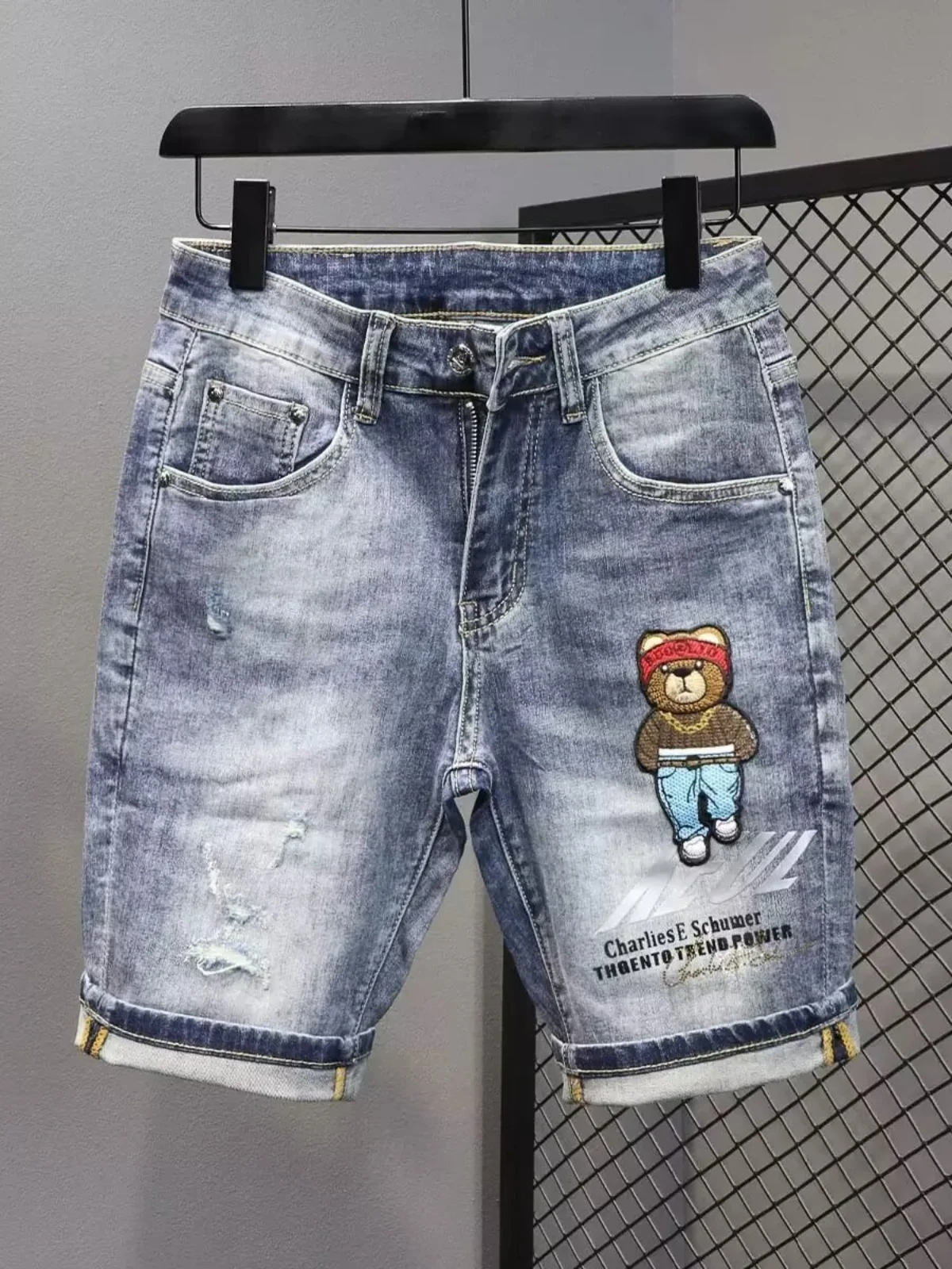 

Новые летние джинсы Sle Slim Fit Five ket ort, мужские повседневные молодежные джинсы из тонкой ткани с вышивкой Faion Bear, со средней талией