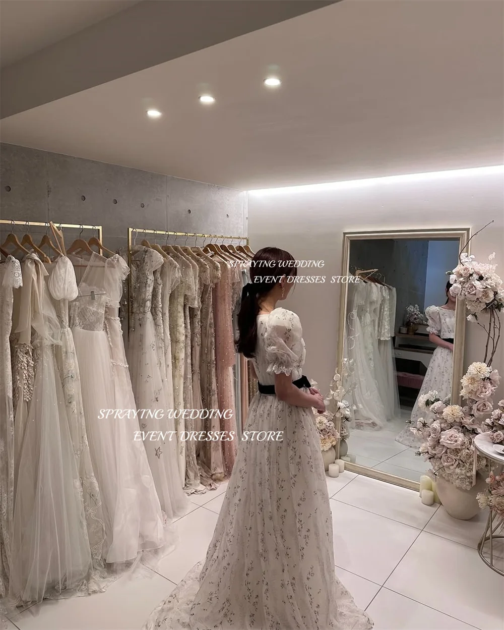 SPRAYING Fairy Floral Print Evening Dress A line O Neck Puff Sleeve Korea Wedding Photo Shoot Dress Corset Long Party Customized