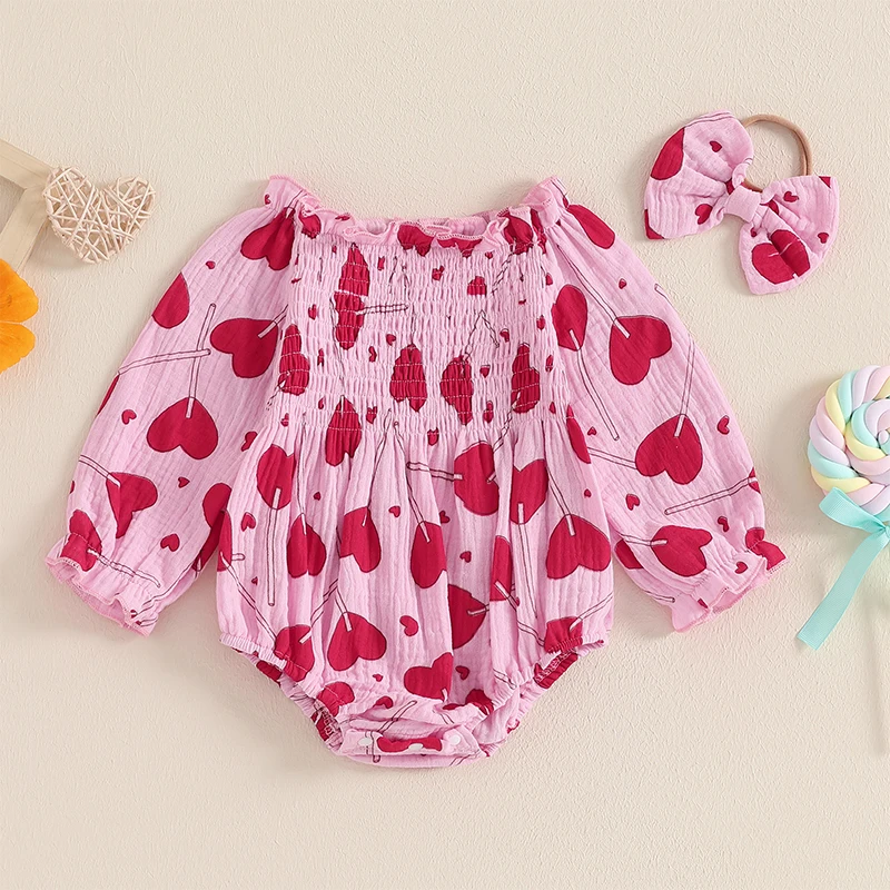 Baby Girls Valentines Day Outfits Newborn Clothes Love Heart Long Sleeve Infant Smocked Bodysuits with Bow Headband 2 Pcs Set