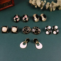 Black White Metal Wire Retro Enamel Earrings Elegant Exquisite Minimalist Office Style For Women Jewelry