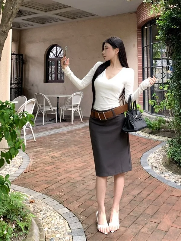 

Юбка-миди с поясом и высокой талией, прямого кроя, женская универсальная юбка А-силуэта для осени, стройнящая фигуру, для прогулок