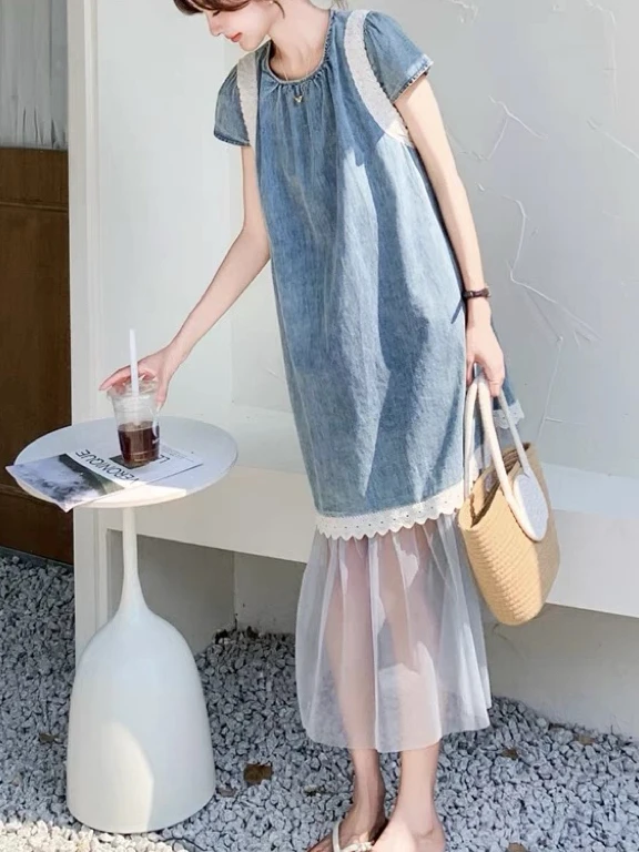 Mid-Length Lace Patchwork Denim Dr Women's Loose Design Sensation Me Skirt A-Line Silhouette ort Sve round Ne