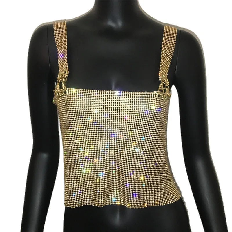 FestivalQueen Backless Rhinestone Tank Top for Women Sparkly Streetwear Adjustable Chain Crystal Sequin Club Party Crop Top Sexy