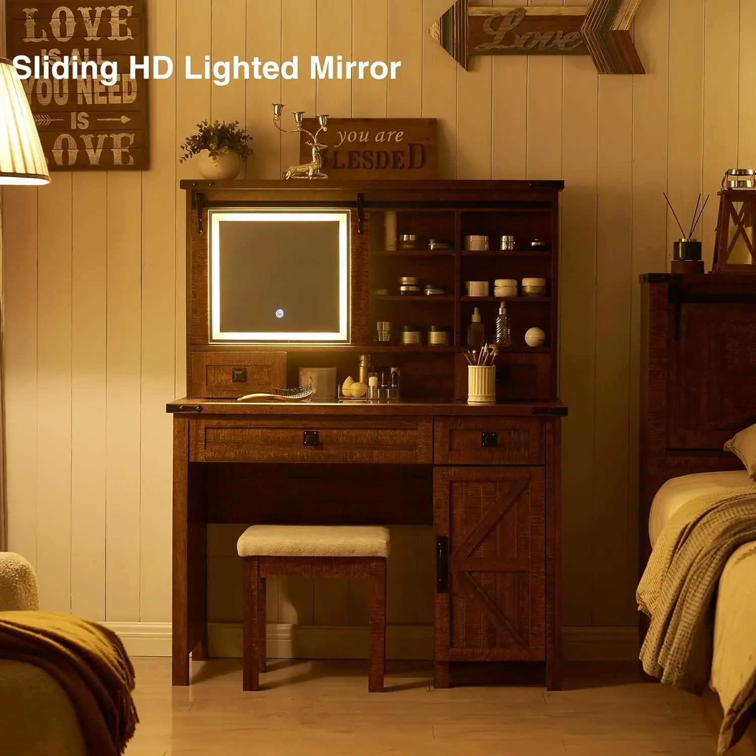 Bureau de courtoisie de maquillage de ferme avec miroir coulissant et lumières, 42 en verre, table de courtoisie brittop avec 2 étagères de proximité