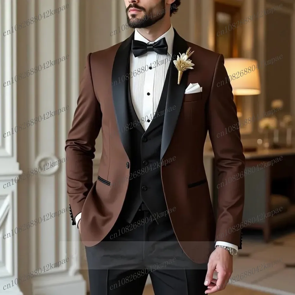 

Коричневый и черный деловой мужской костюм для жениха, жениха, свадебной вечеринки, выпускного вечера, деловые мужские смокинги, комплект из трех предметов, пиджак, жилет, брюки