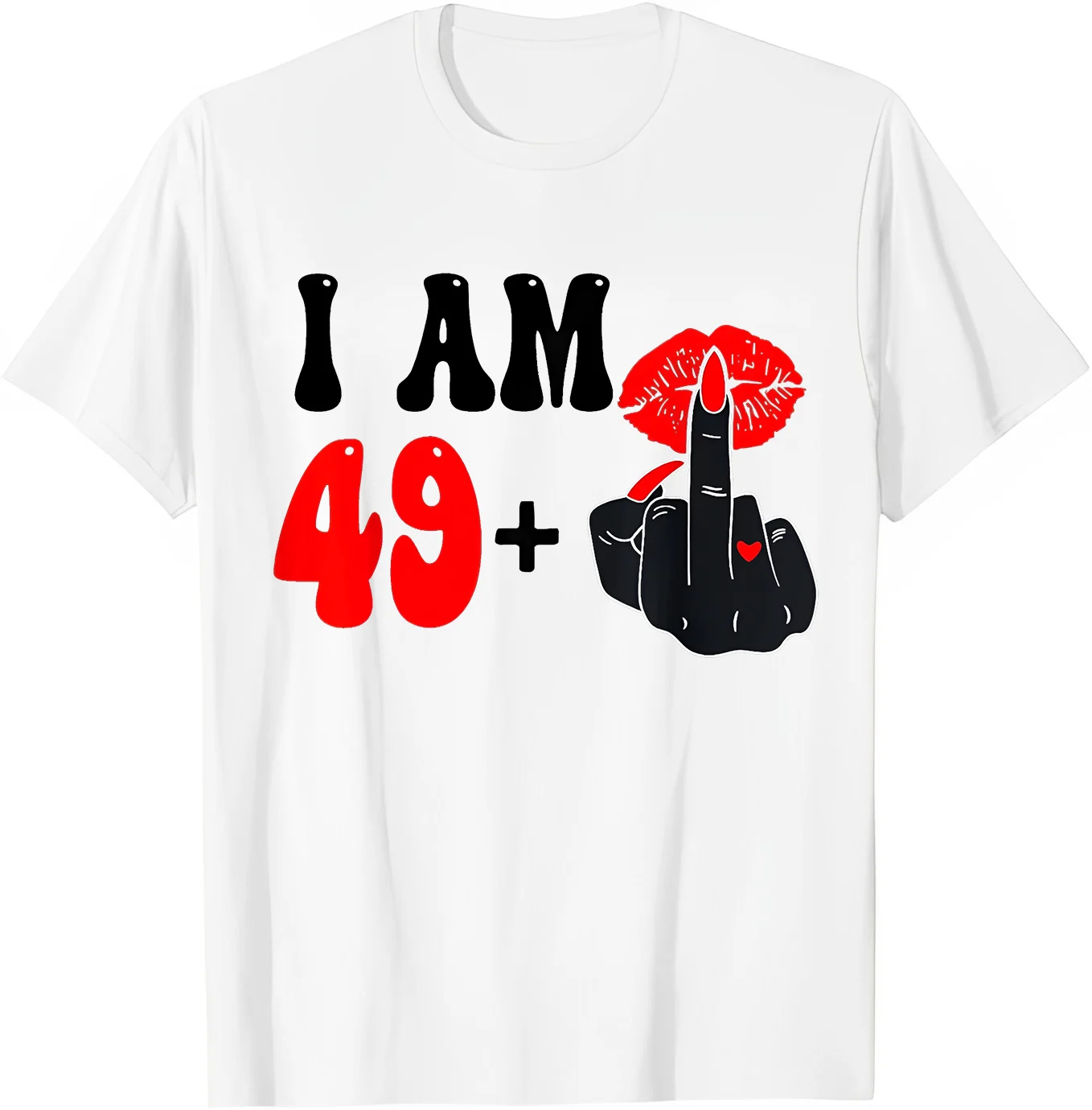 女性用中指Tシャツ、クルーTシャツ、私は49プラス1、50歳の誕生日です