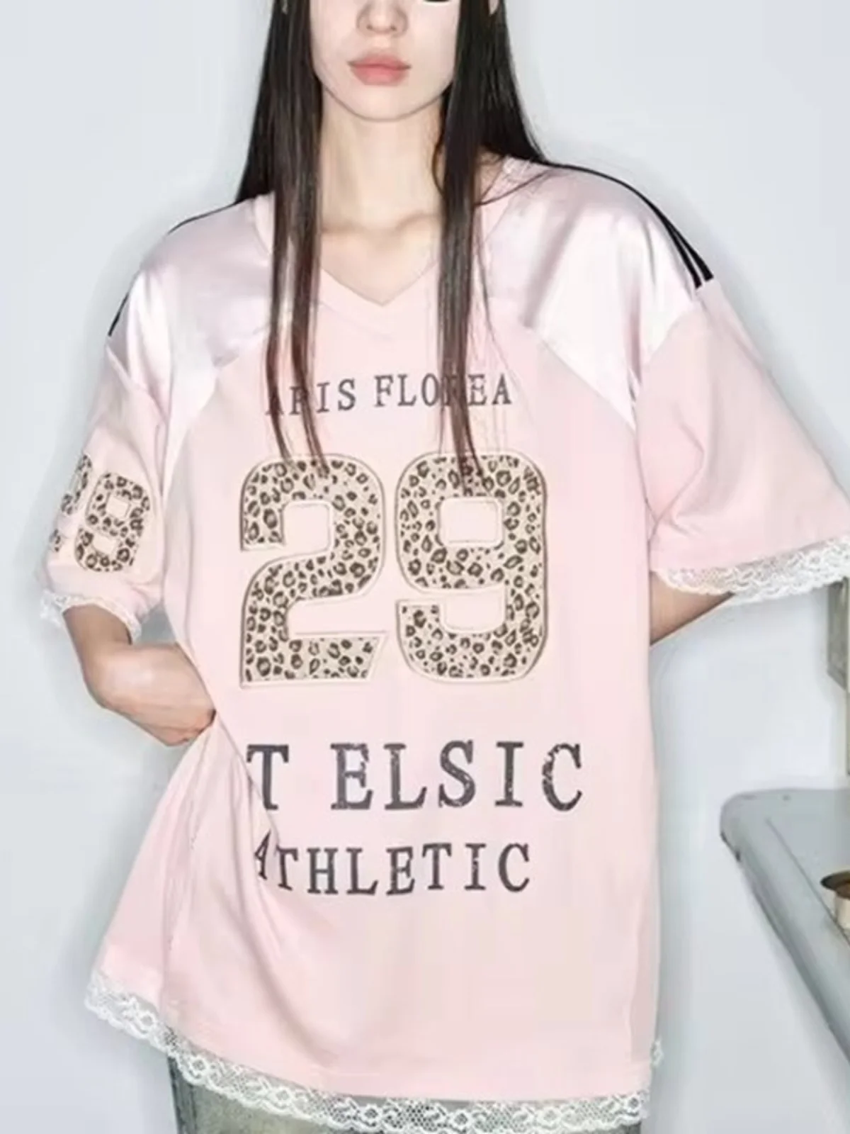 

Kawaii Pink Leopard Print Digital Jersey Loose Tirt Women's Sle Breathable ort Sve V-Ne T-irt Casual Wear
