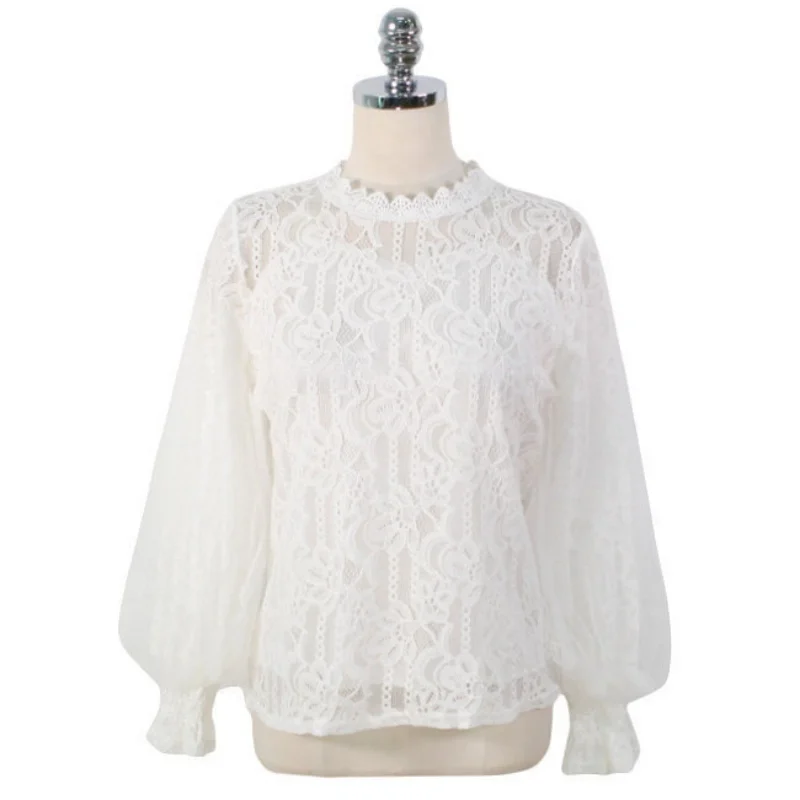 2025 moda autunno maglia pizzo bianco camicetta da donna ufficio signora manica lunga camicie eleganti primavera o-collo top casual