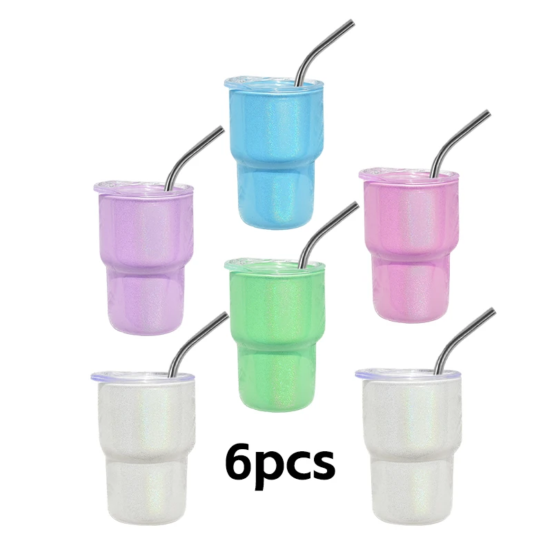 6pcs Pack 3oz Sublimation Blank Shimmer Shot Glass Wine Whiskey Cup Glass With Metal Straw He