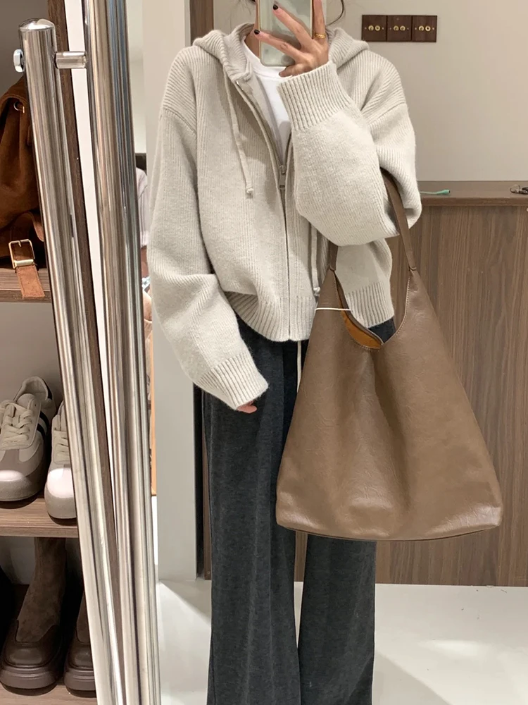 

Женский свободный вязаный кардиган Laid-ba с капюшоном, осенне-зимний, в корейском стиле, утепленный, с длинными рукавами