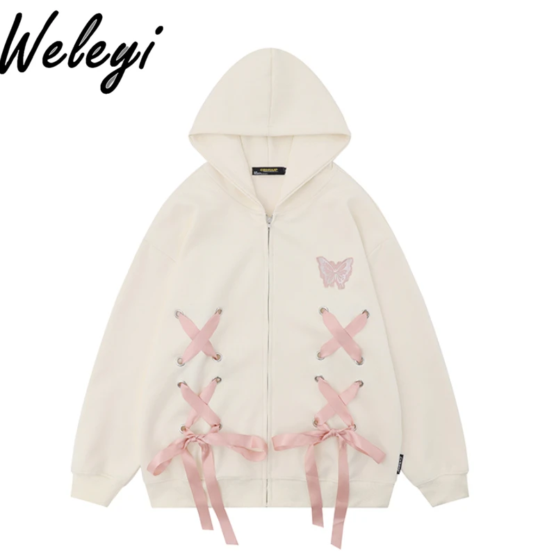 

Sweet Cool Bow Cross Strap Cardigan Sweatshirt Student Woman College Women Oversize Cute Beige Long Sleeve Hooded Hoodie Jacket