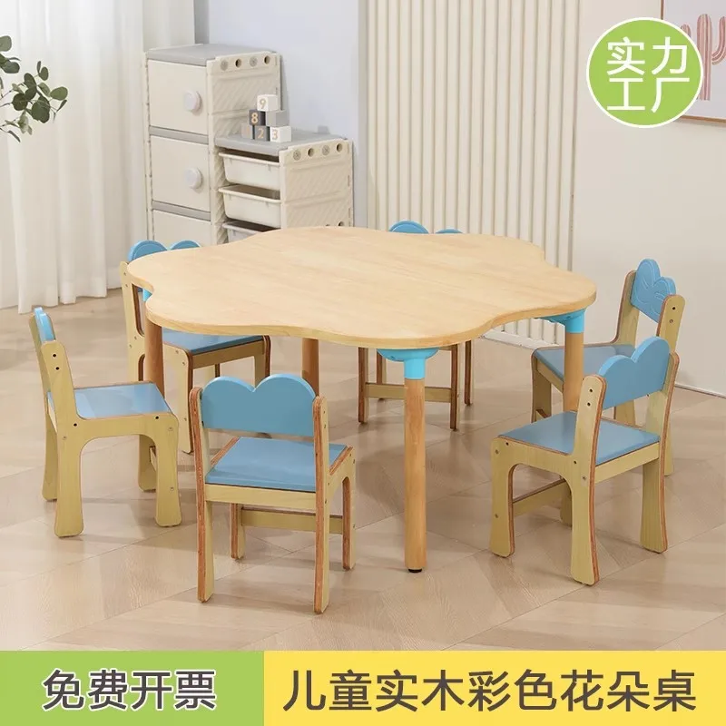 Kindergarten solid wood special table and chair set children's learning desk flower table baby early education handmade painting