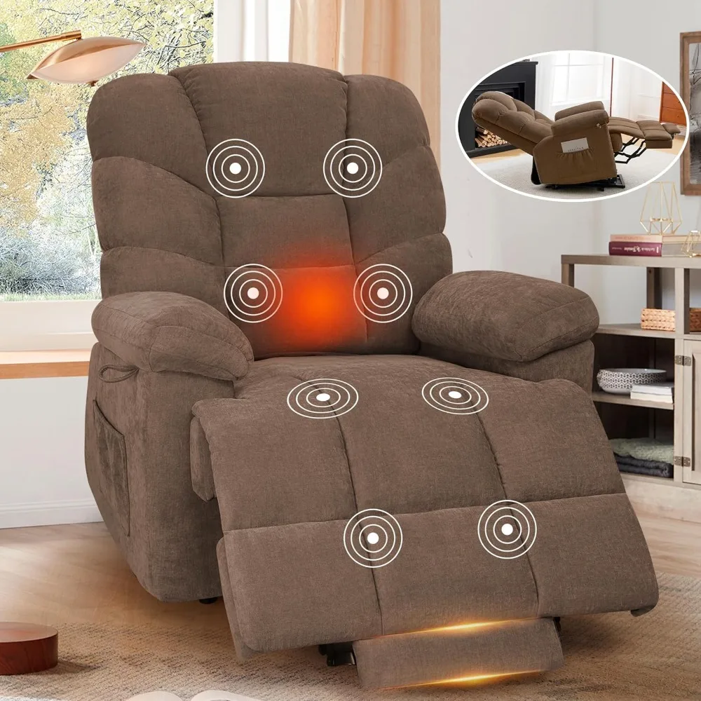 Large Power Lift Recliner with Heating and Massage, Chenille Lift Chair for Living Room, 1PCS, Brown