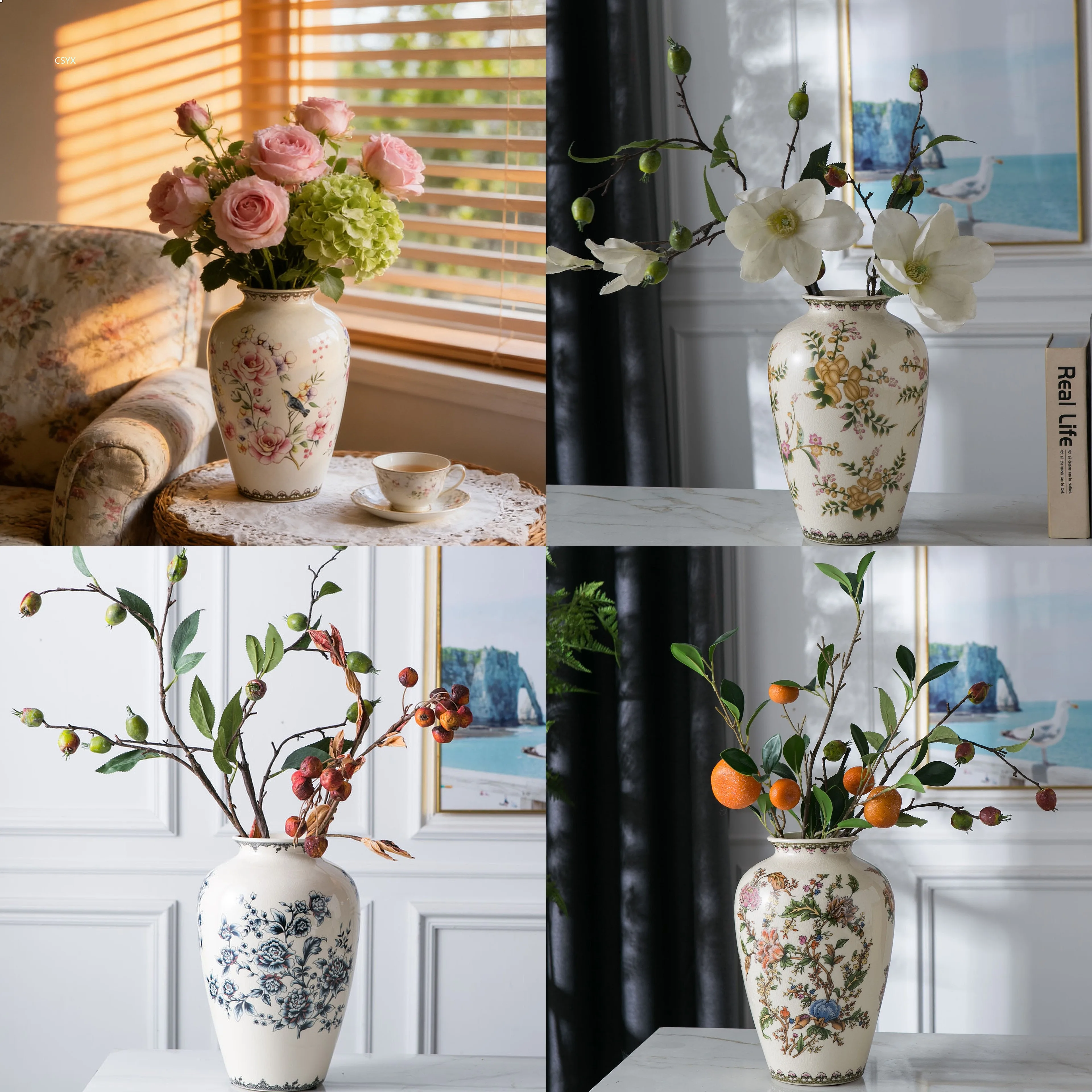 New Chinese Retro Ceramic Vase Craft Gift Creative American Country Floral Bird Decor Pot Living Room Ornament
