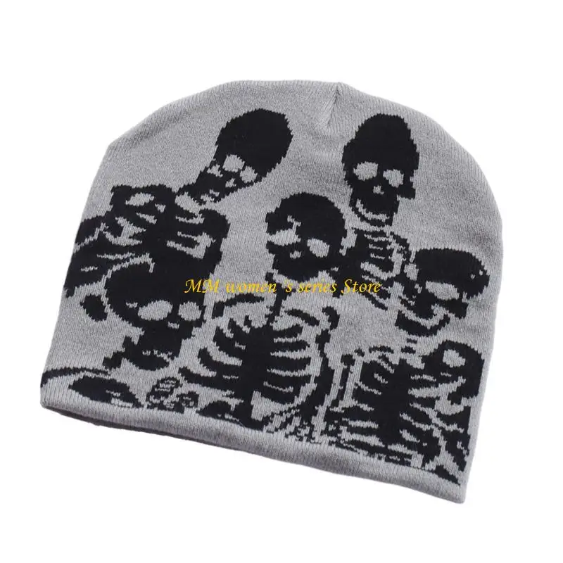 Q39C Knitted Hat for Women Men Skeleton Pattern Hat Handcrochet Hat 2000s Cool Girl Boy Hiphop Hat Halloween Headwear