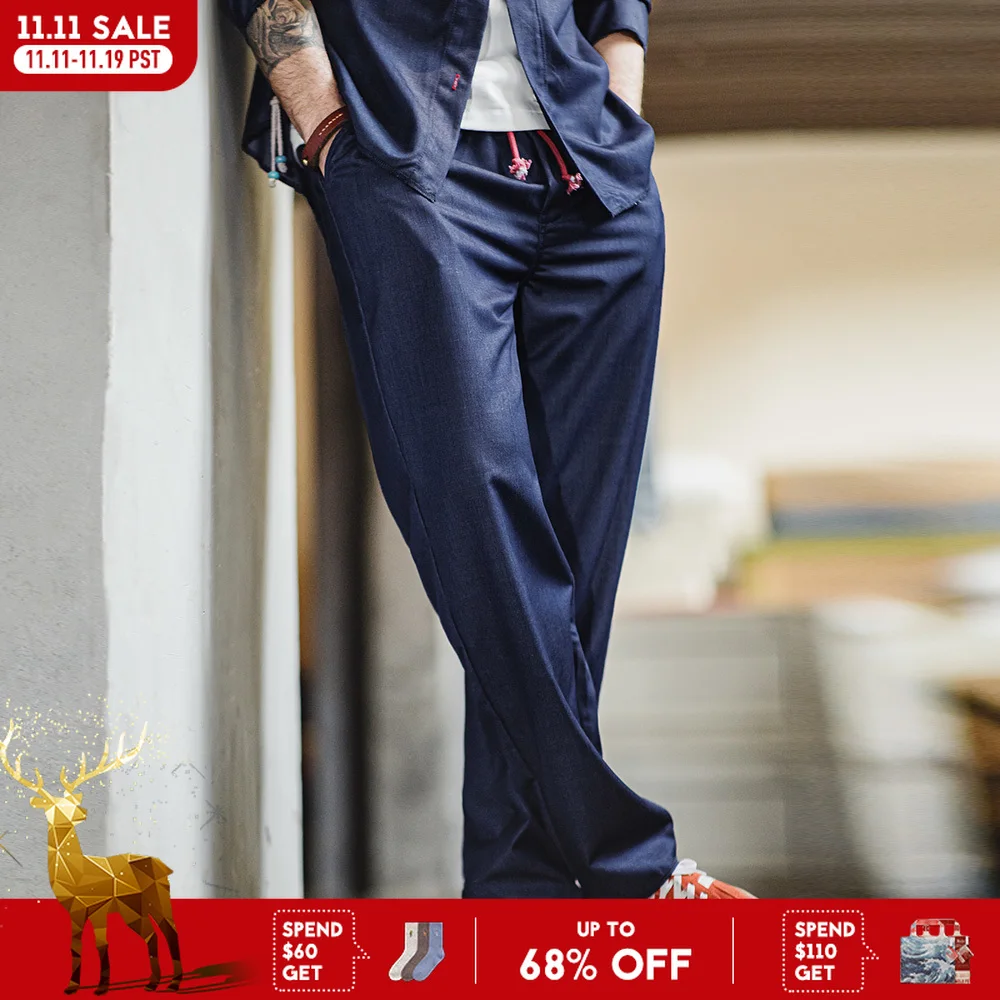 

Винтажные мужские Свободные повседневные прямые джинсовые брюки Maden, дышащие длинные брюки со средней талией и эластичным поясом, однотонные брюки